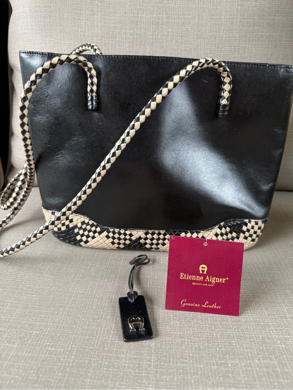 Vintage Etienne Aigner Black Tote with Cream-Black Woven Trim